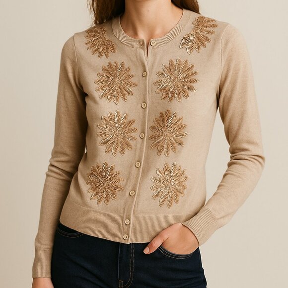 J CREW Embellished Jackie Cardigan in RARE Heather Sand Brown